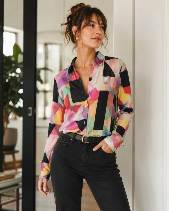 Theory Tops - Theory Womens Abstract Geometric Print Button Front Top Sz M